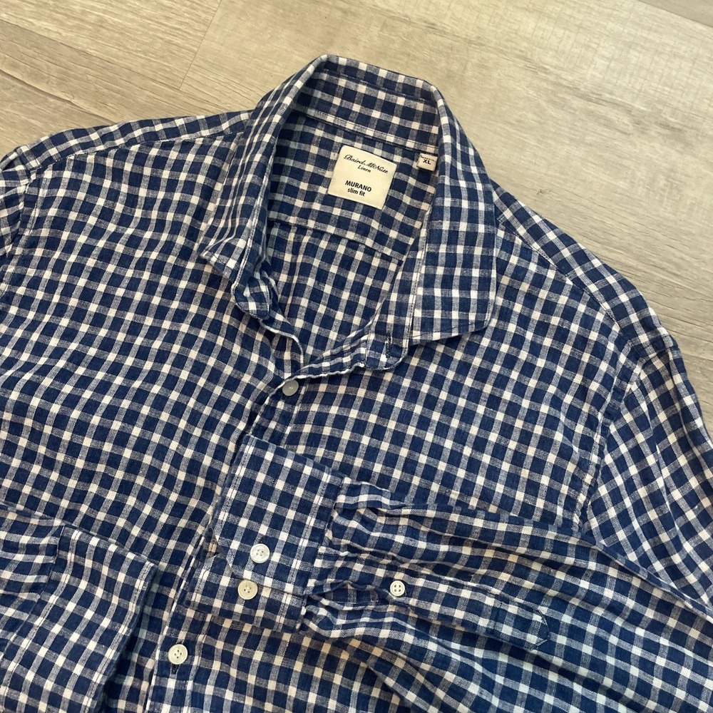 Baird Mcnutt Linen Shirt  XL Slim Fit Blue‎ Check Murano Button Up Long Sleeve